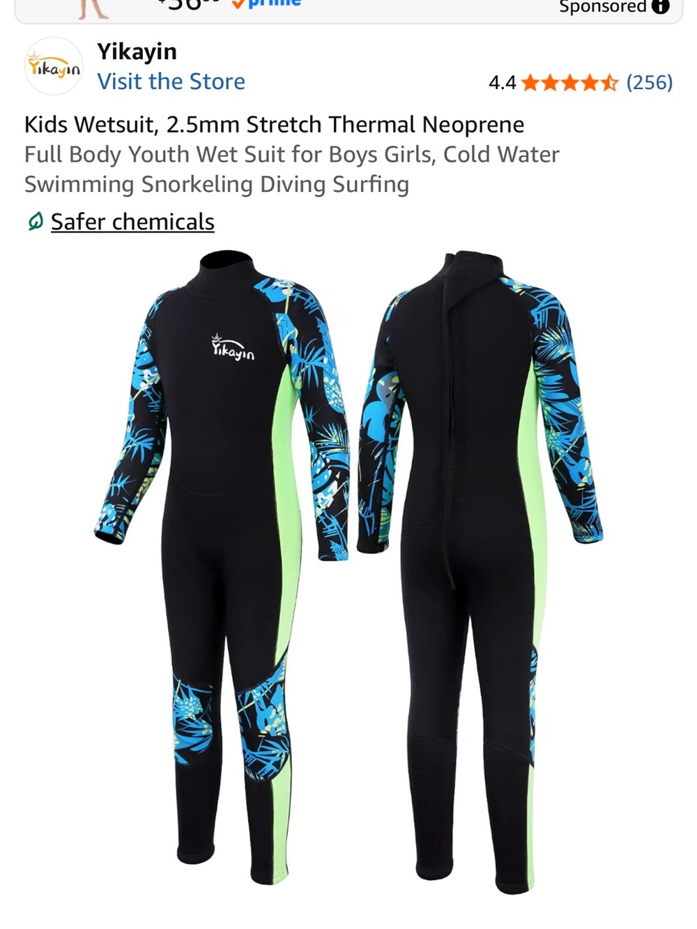 Kids Full-Body Swim One-Piece Wetsuit — Black with Lime & Blue Print